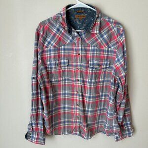 Jachs Girlfriend Gray Pink Button Down Long Sleeve Plaid Flannel Women’s XL